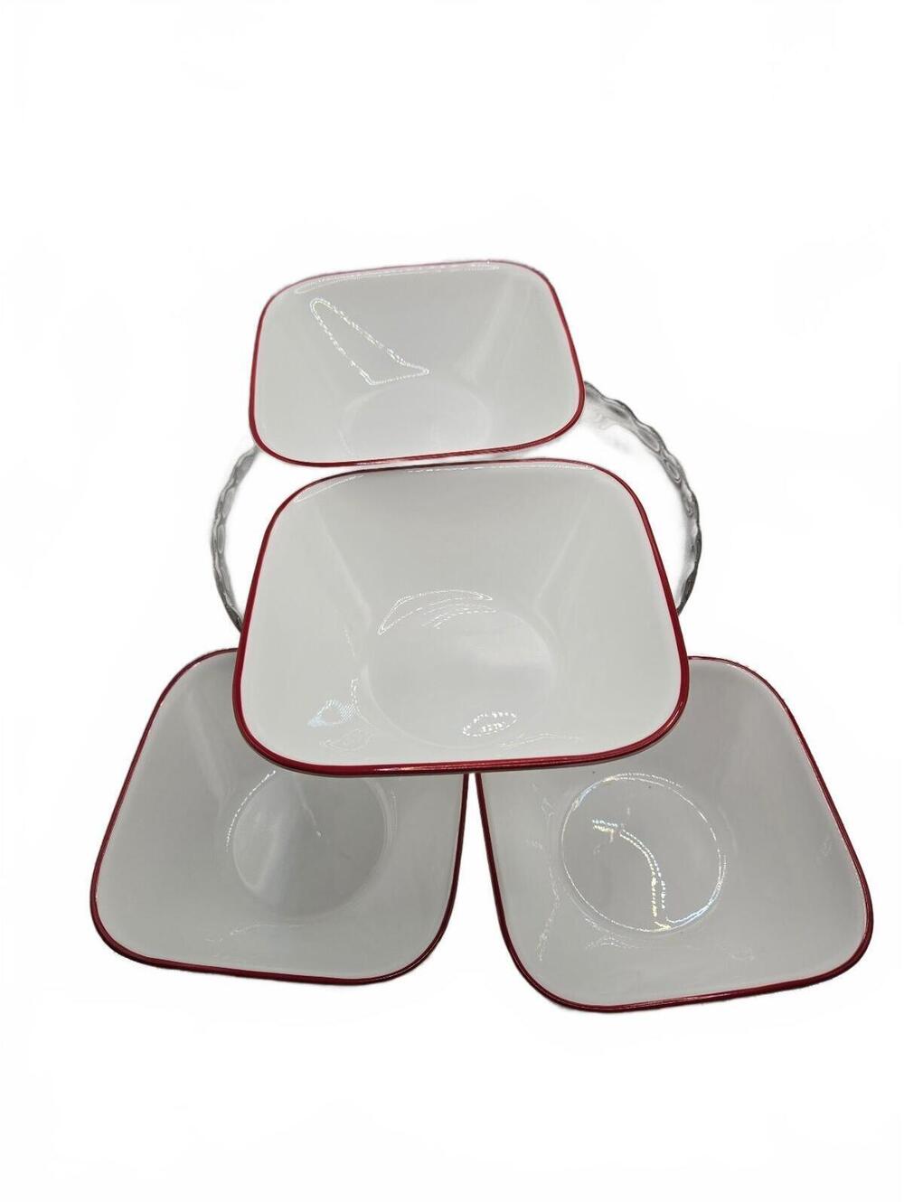 SET OF 4 Corelle Vitrelle SQUARE Cereal Bowls RED Trim Splendor, Kyoto Leaves
